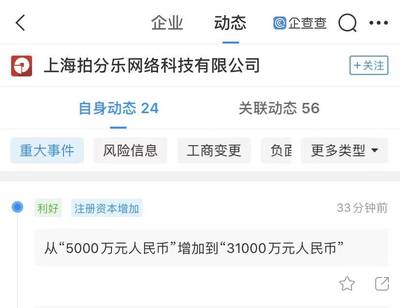 上海拍分乐网络科技有限公司注册资本增加520%